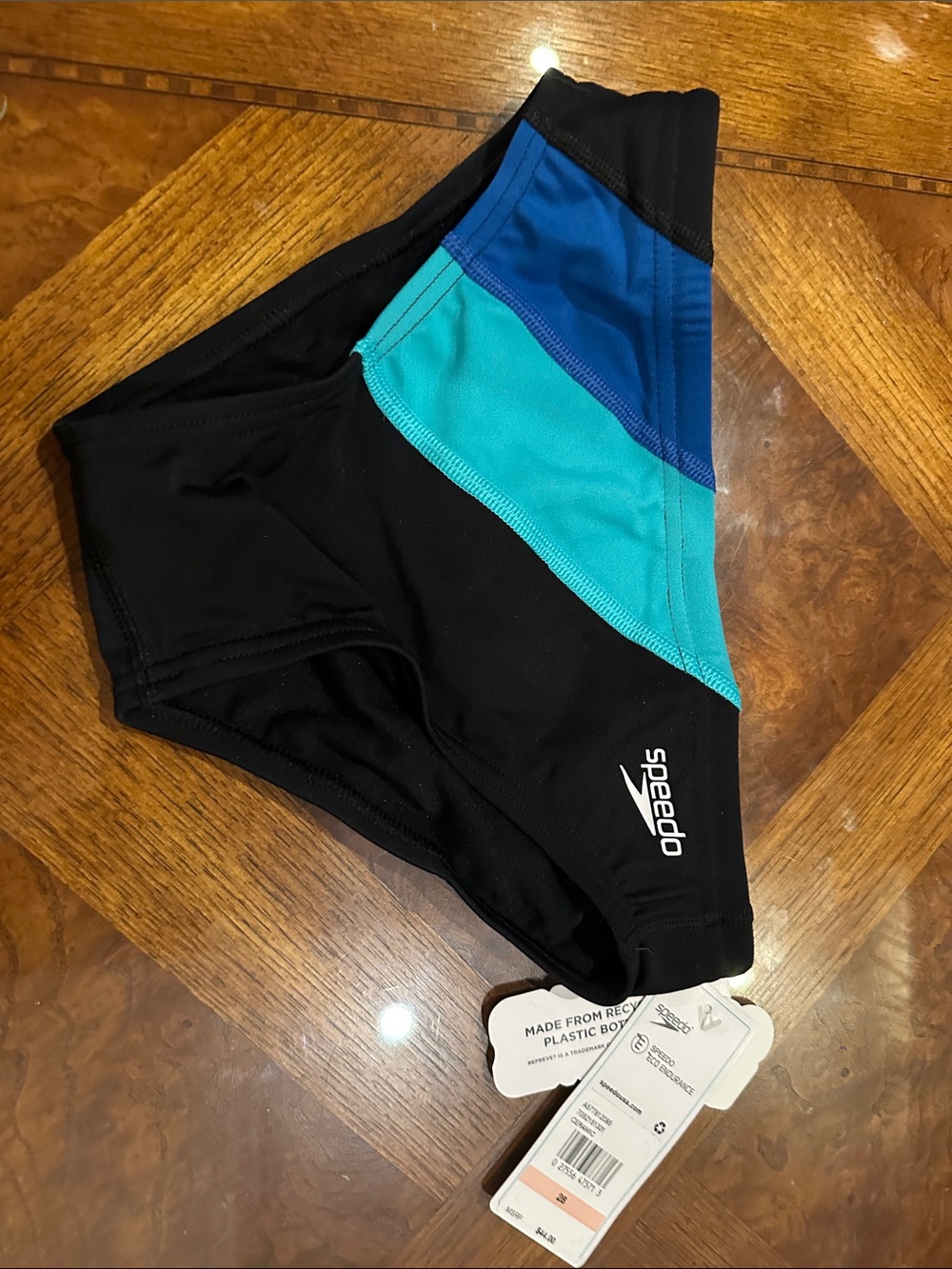 Speedo Black Swim Brief with Teal and Blue Panels
